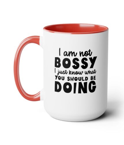 "not bossy?" 15 ounce two tone, color accent coffee mugs